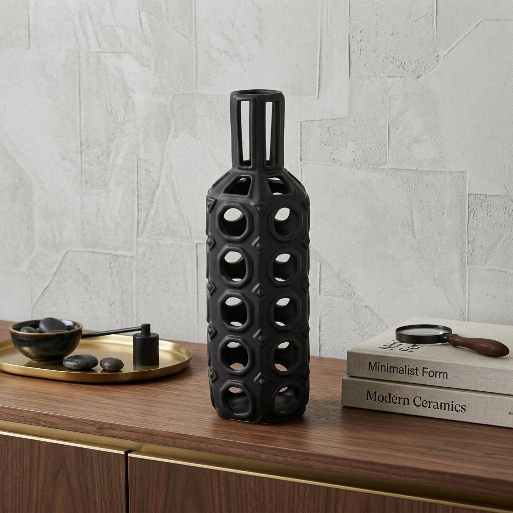 12" Black Ceramic Pierced Geometric Cylinder Table Vase