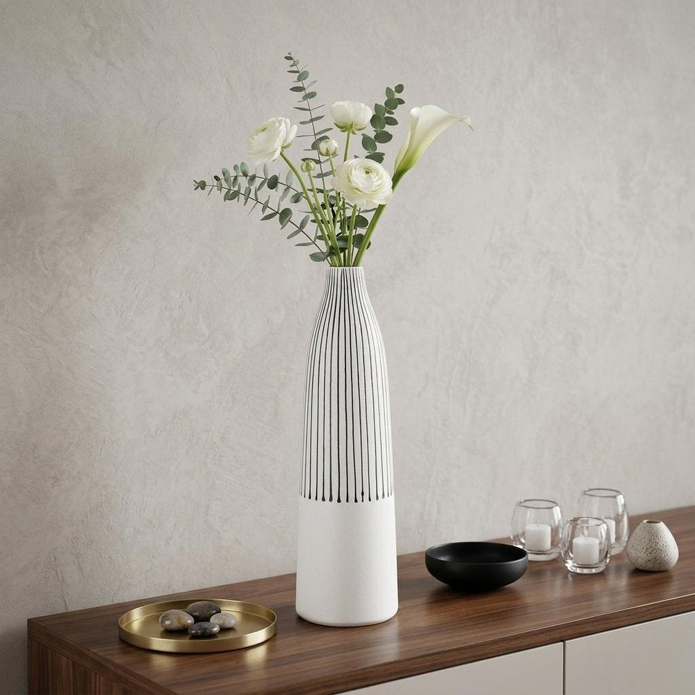 18" Black And White Abstract Cylinder Ceramic Table Vase