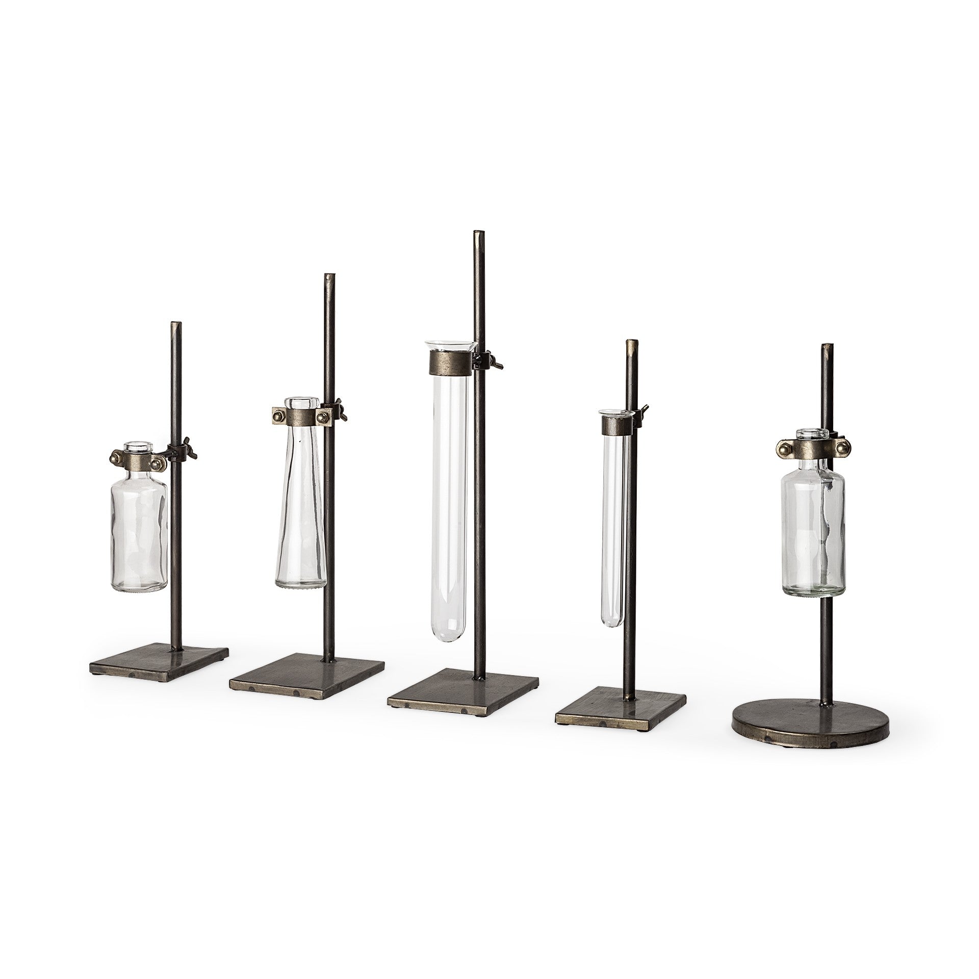 Set of Five Test Tube Vases with Metal Bases