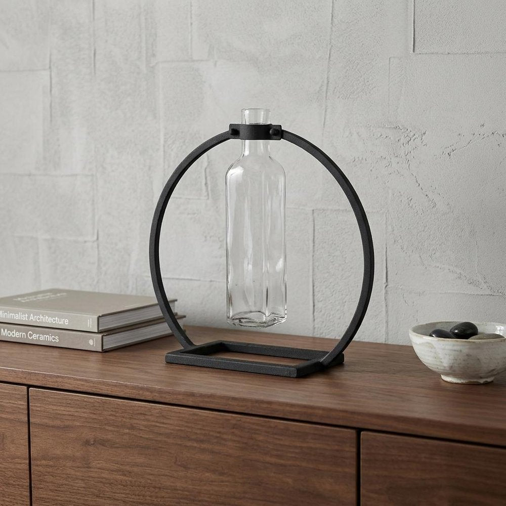 10" Black Abstract Cylinder Metal Table Vase
