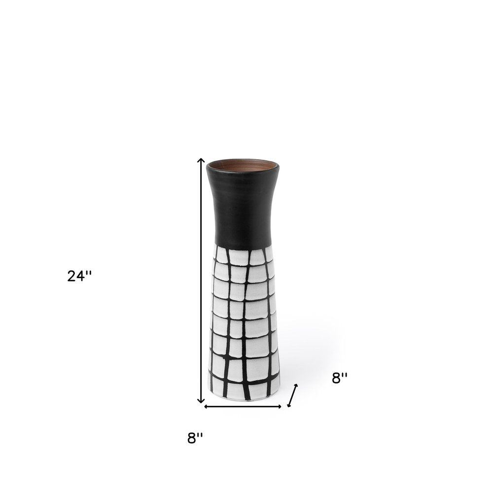 24" Black And White Abstract Cylinder Ceramic Table Vase