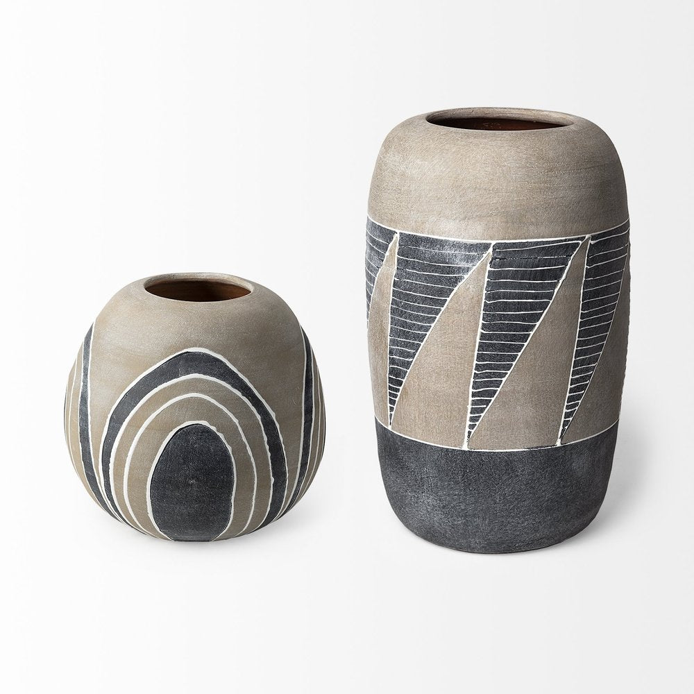 10" Brown And White Abstract Cylinder Ceramic Table Vase