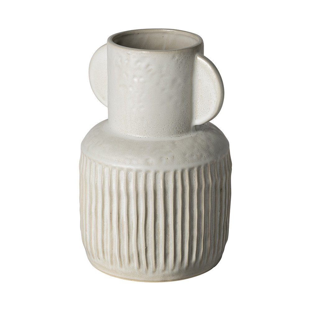 12" White Ribbed Ceramic Cylinder Table Vase