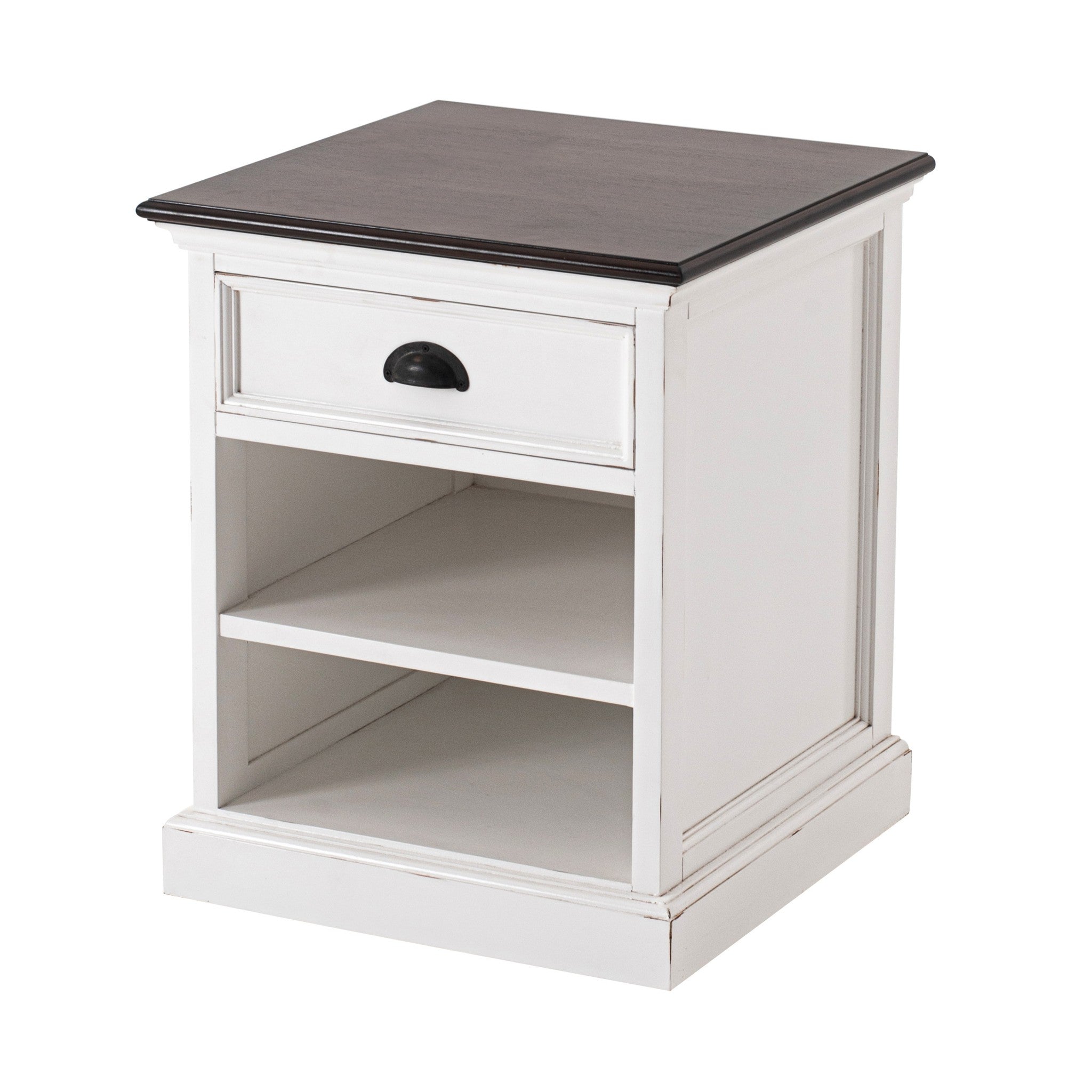 Distressed White and Deep Brown Nightstand With Shelves