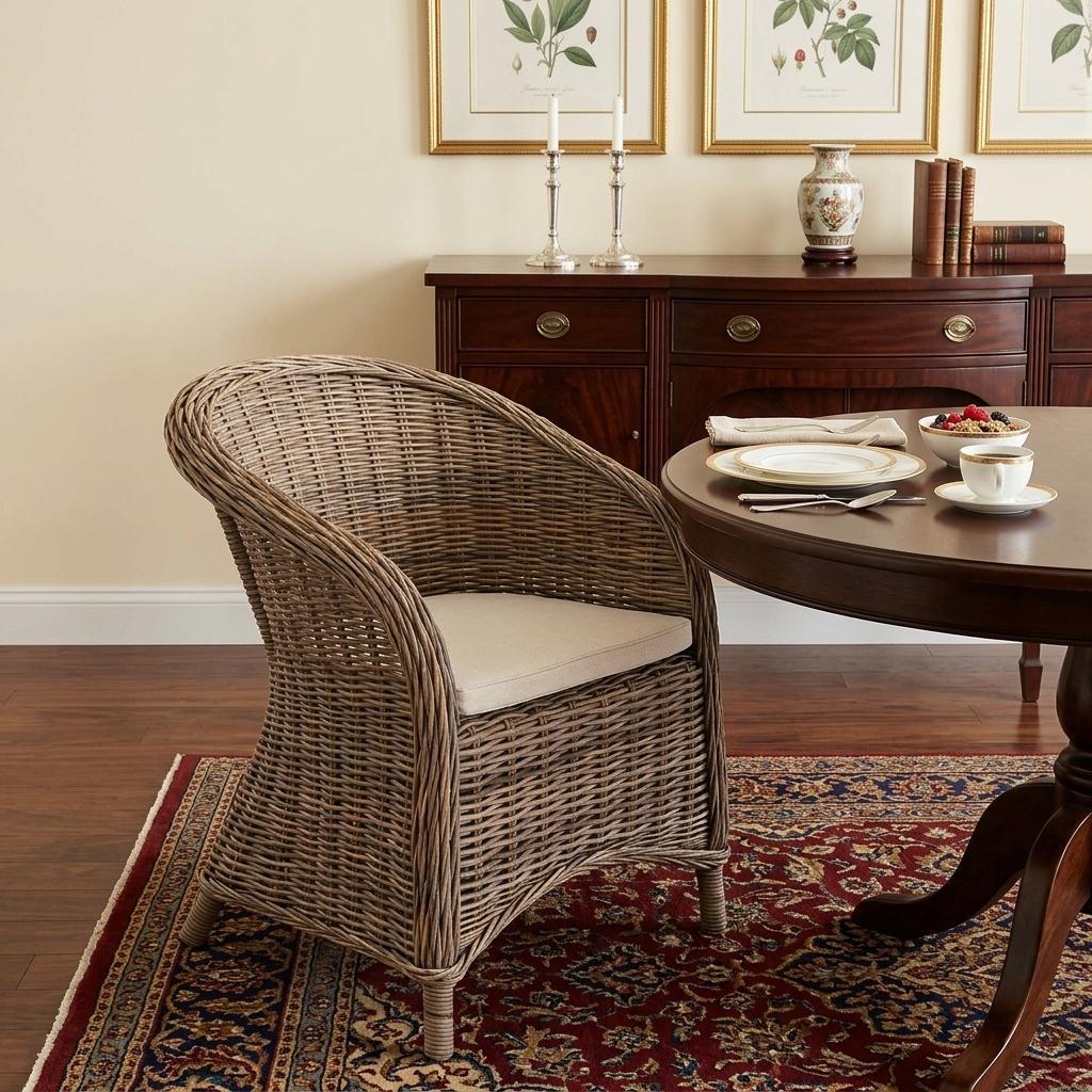 Set of Two Round Wicker Club Armchairs with Seat Cushion