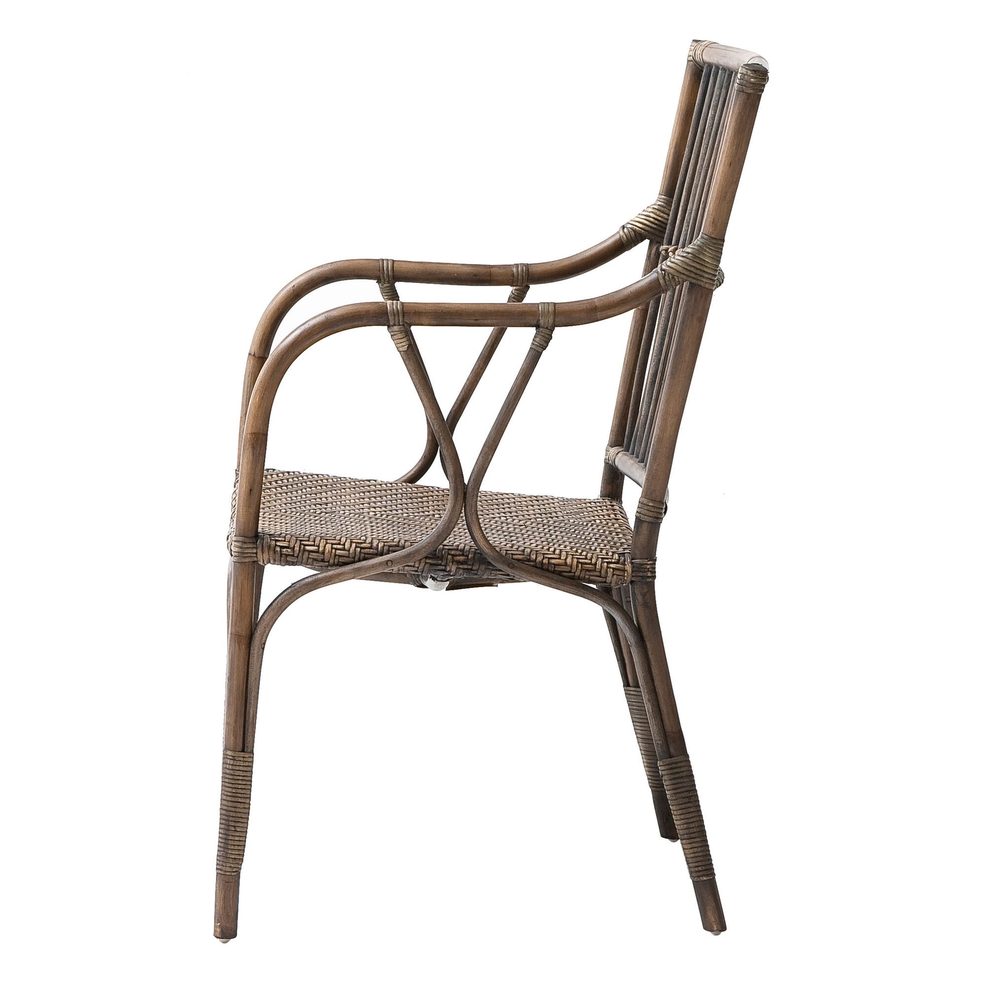 Set of Two Natural Rattan Slat Back Dining Arm Chairs
