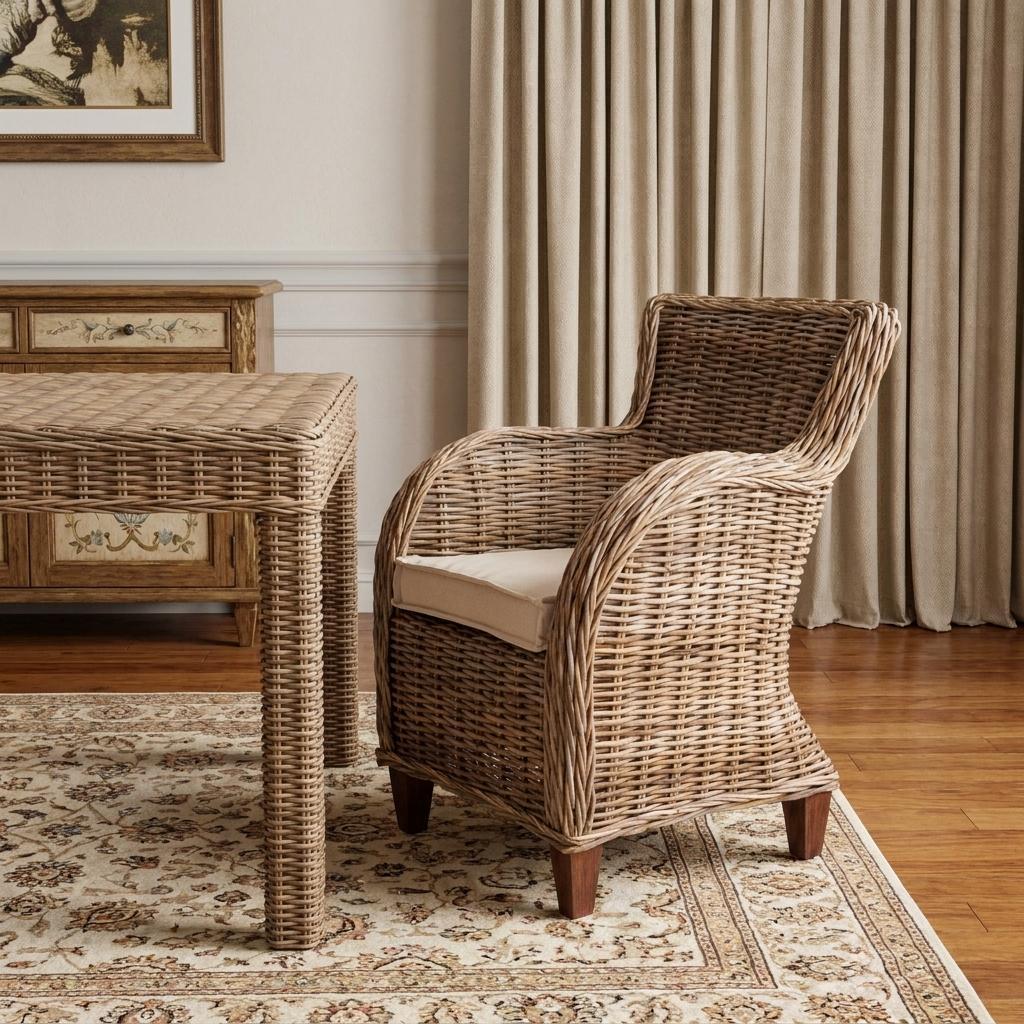 Set of Two Wide Edge Wicker Chairs with Seat Cushion