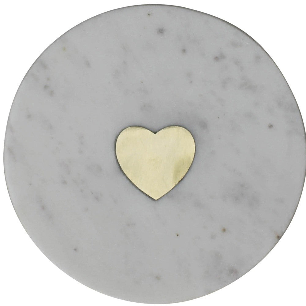 6" White and Gold Heart Inlay Round Marble Serve Board