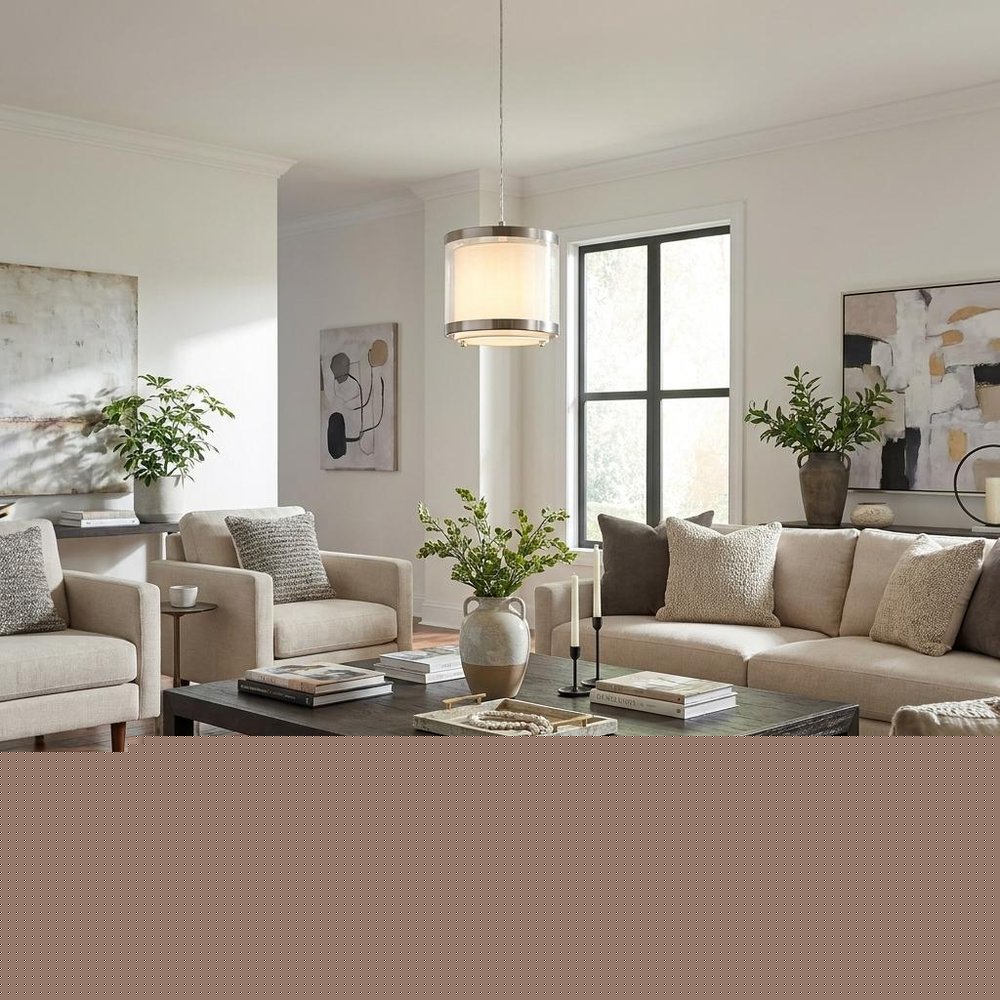 White and Silver Hanging Light with Fabric Shade