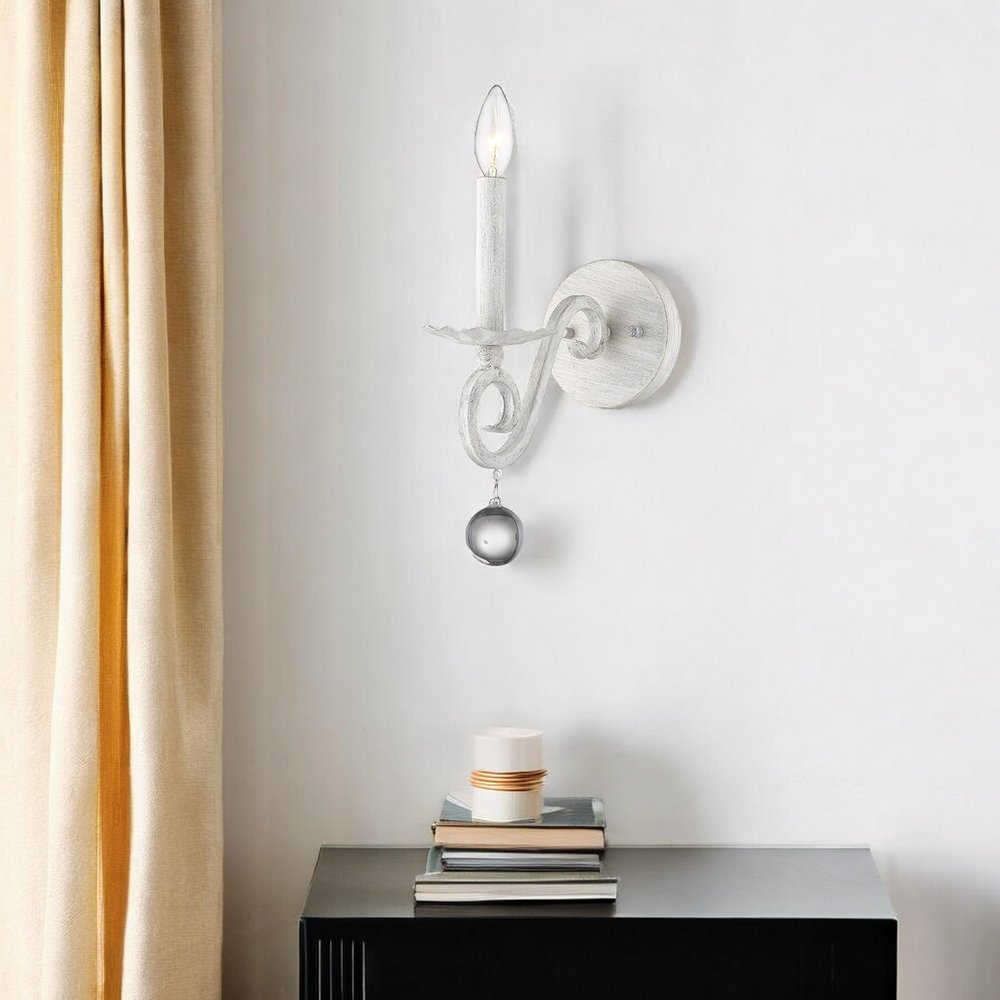 12" Off White Rustic Metal Candle Wall Light With Hanging Crystal