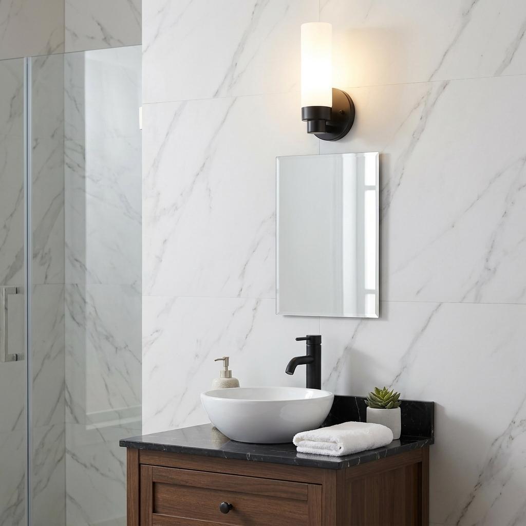 Matte Black Wall Light with Narrow Frosted Glass Shade