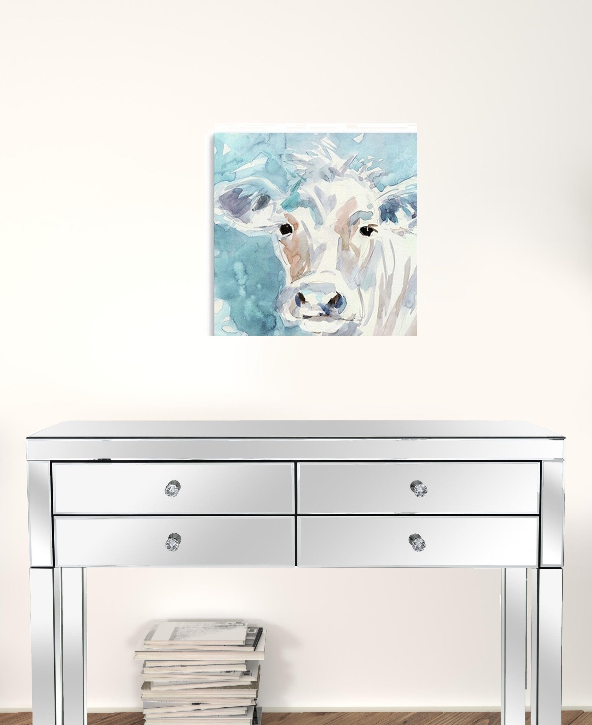 20" x 20" Blue Pastel Watercolor Cow Unframed Canvas Wall Art