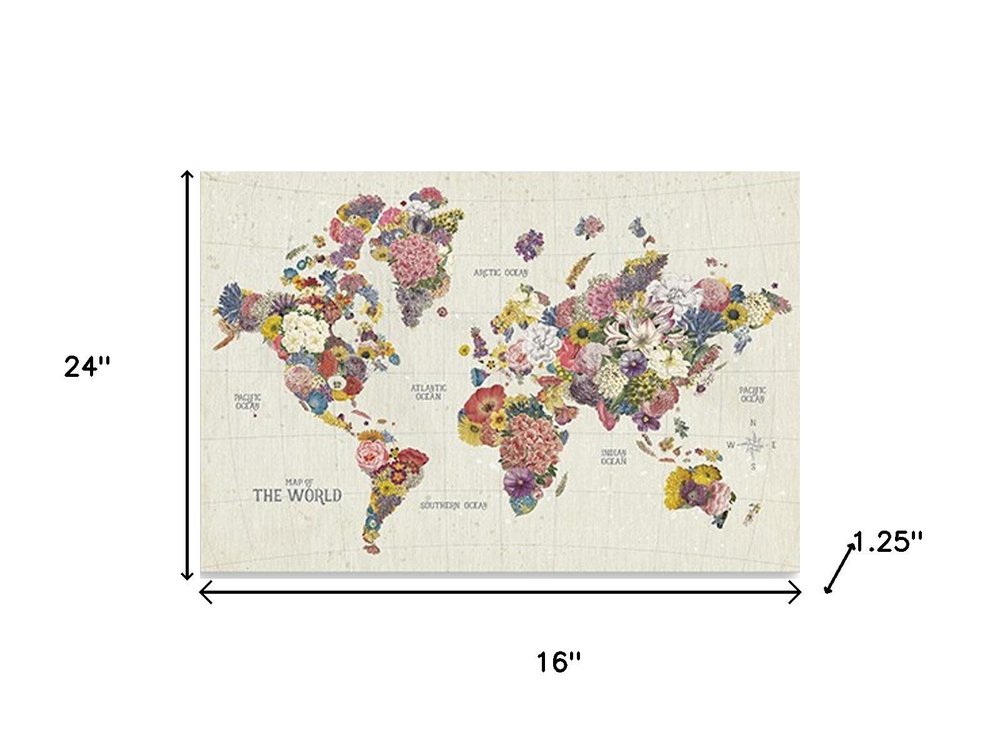 24" x 16" Fun Floral Map of the World Canvas Wall Art