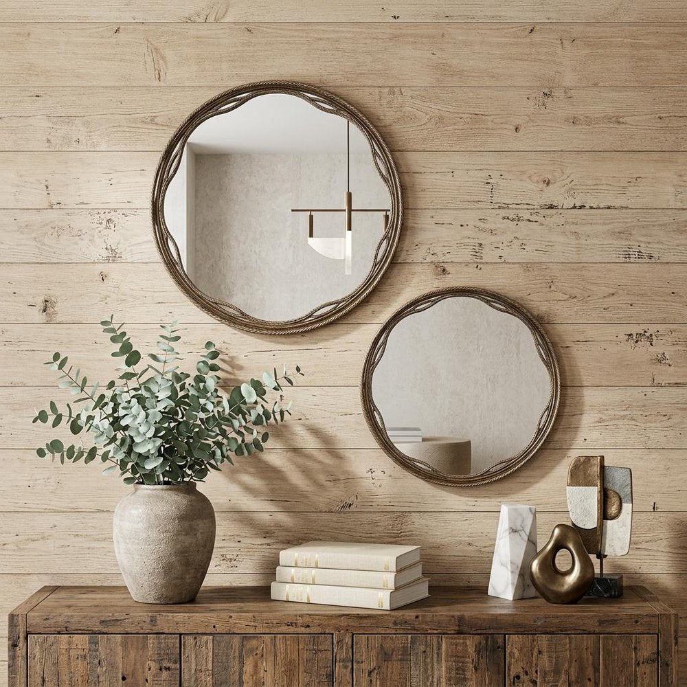 Set of Two Gold Round Ornate Framed Accent Mirrors