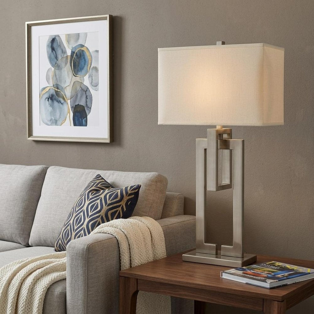 36" Nickel Iron Geometric Table Lamp With Ivory Shade