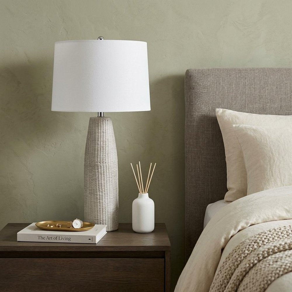 33" Light Gray Ceramic Table Lamp With White Drum Shade