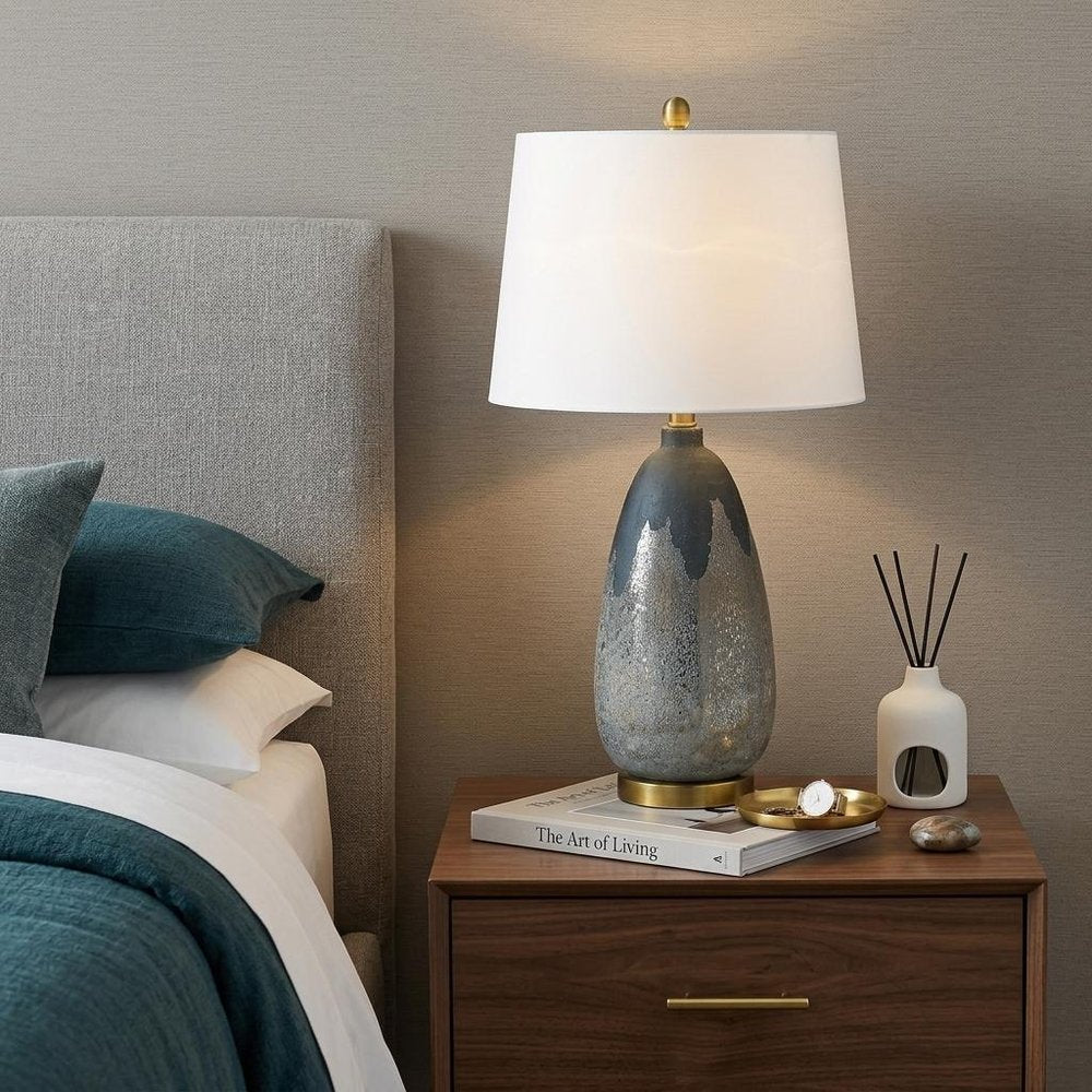 30" Teal Blue Concrete Table Lamp With Cream Empire Shade