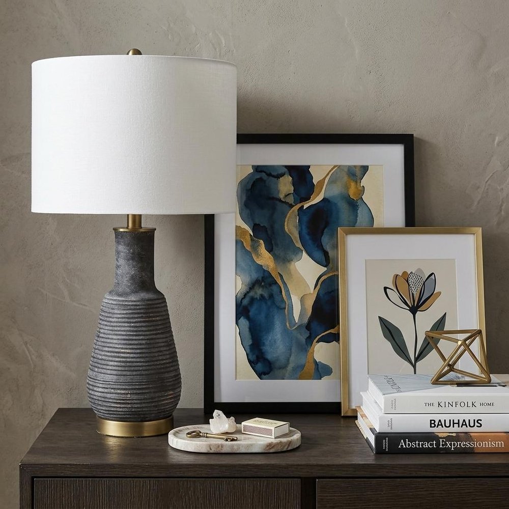 26" Distressed Black and Gold Ceramic Table Lamp With White Drum Shade
