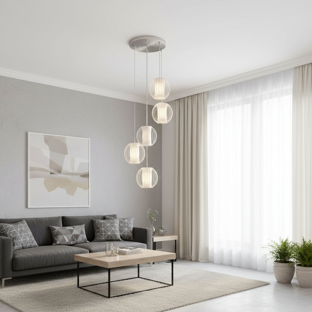 Five Light Acrylic and Steel Shade Hanging Globe Light
