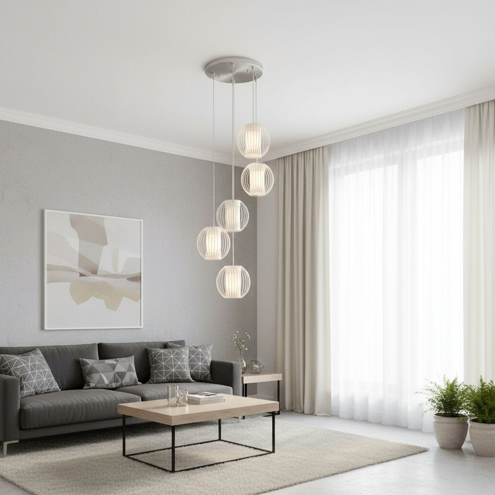 Five Light Acrylic and Steel Shade Hanging Globe Light