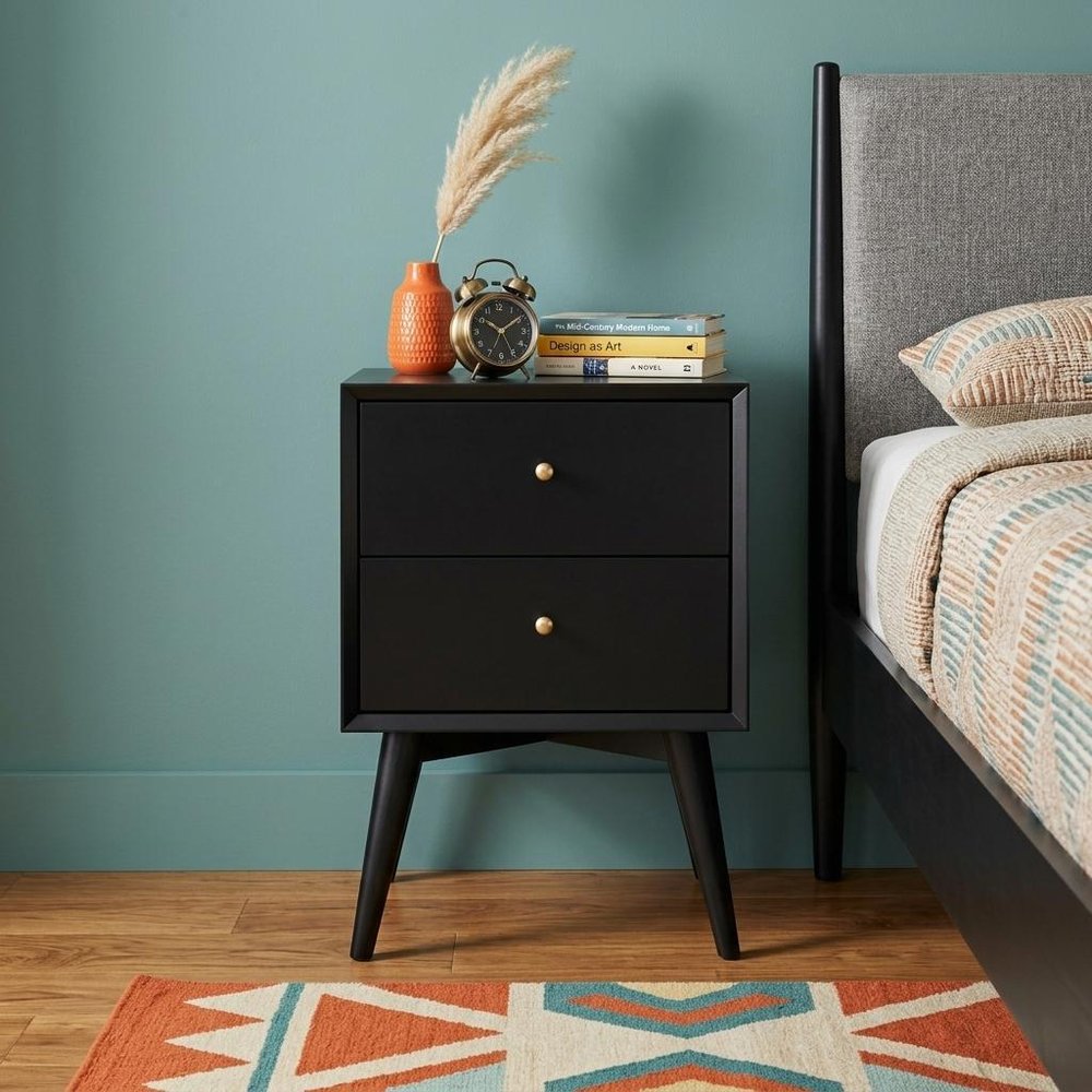 26" Black Solid Wood Two Drawer Nightstand