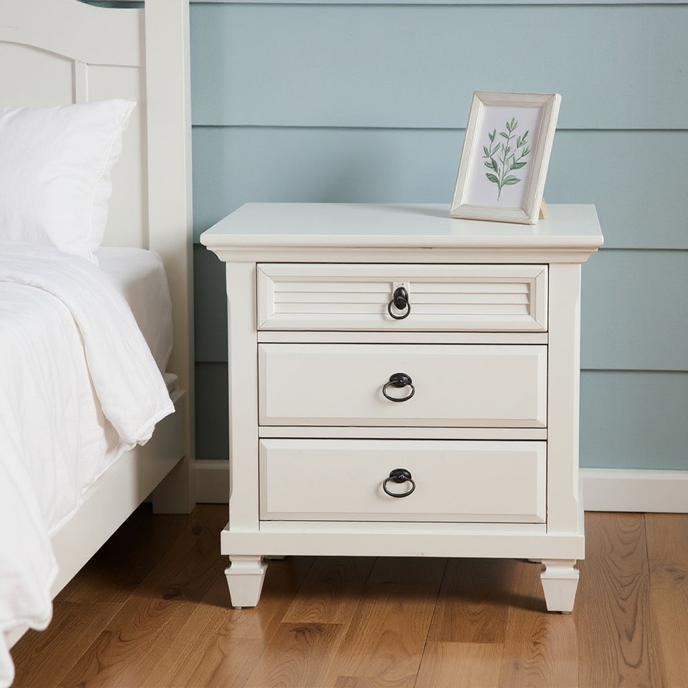 28" White Wood Three Drawer Nightstand