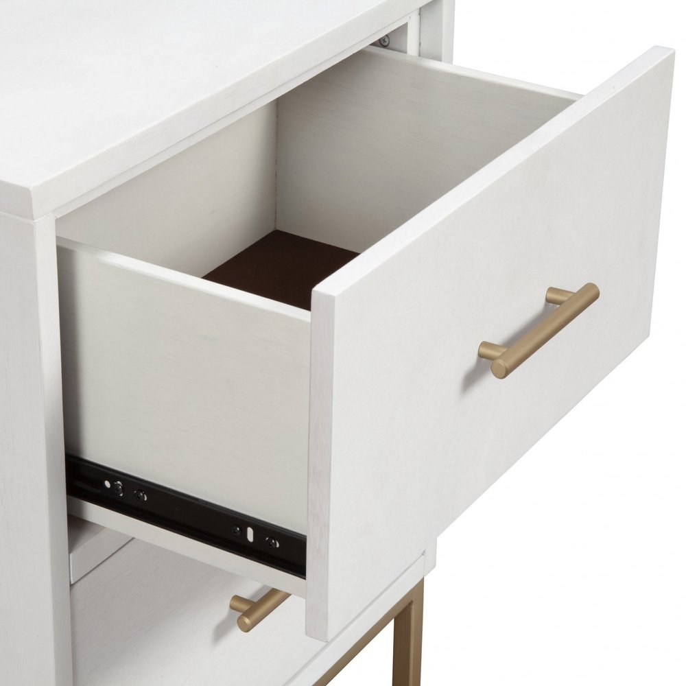 26" White And Gold Wood And Metal Two Drawer Nightstand