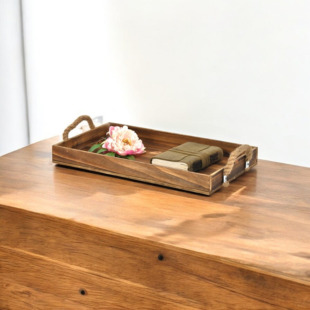 20" Brown Distressed Wood Handmade Serving Tray With Rope Handles