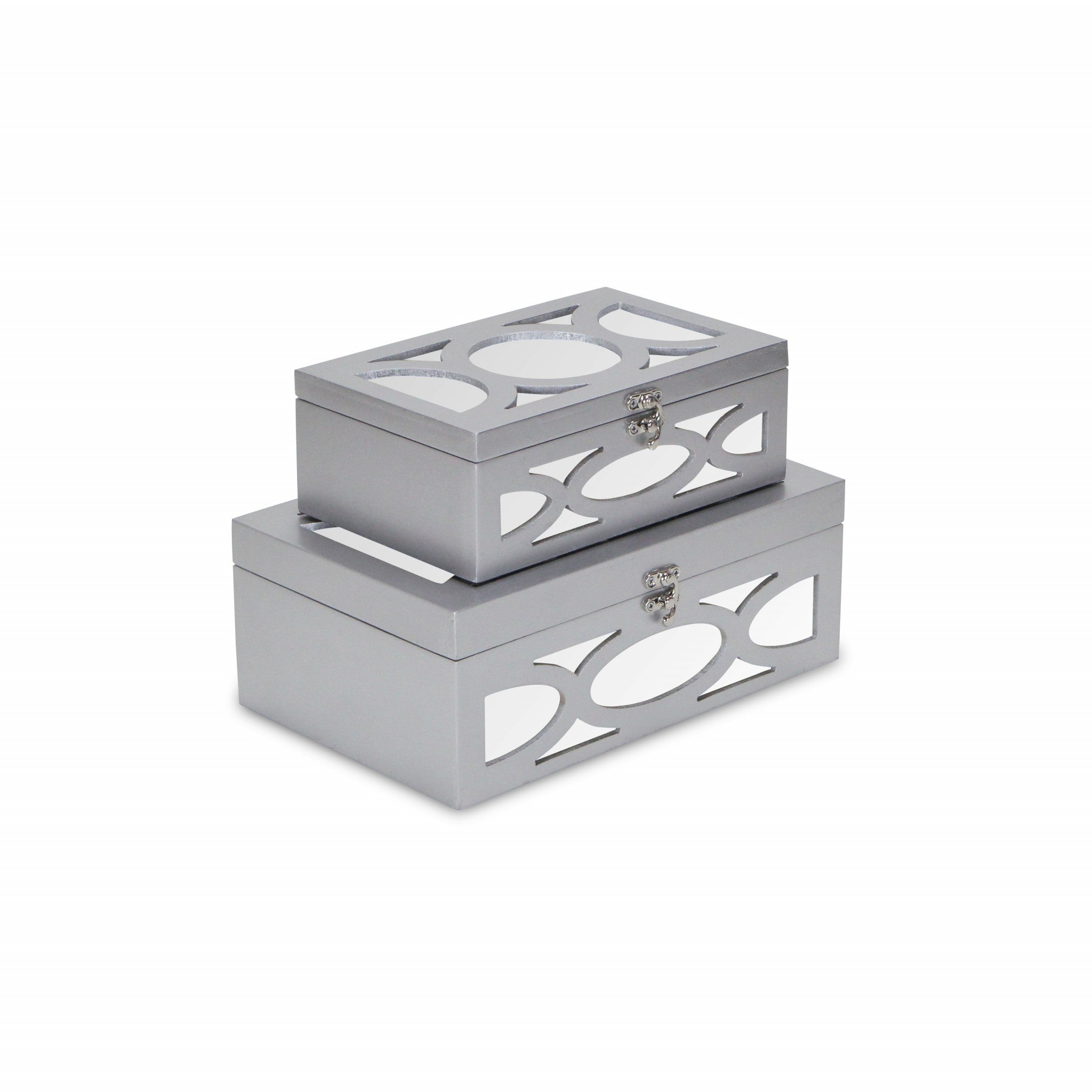 Set of Two Silver Mirrored Glass And Wood Box With Lid
