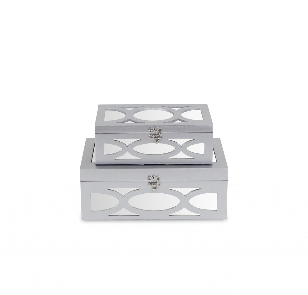Set of Two Silver Mirrored Glass And Wood Box With Lid
