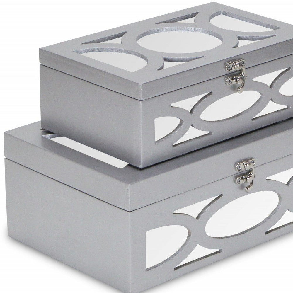 Set of Two Silver Oval Scroll Mirror Jewelry Storage Boxes