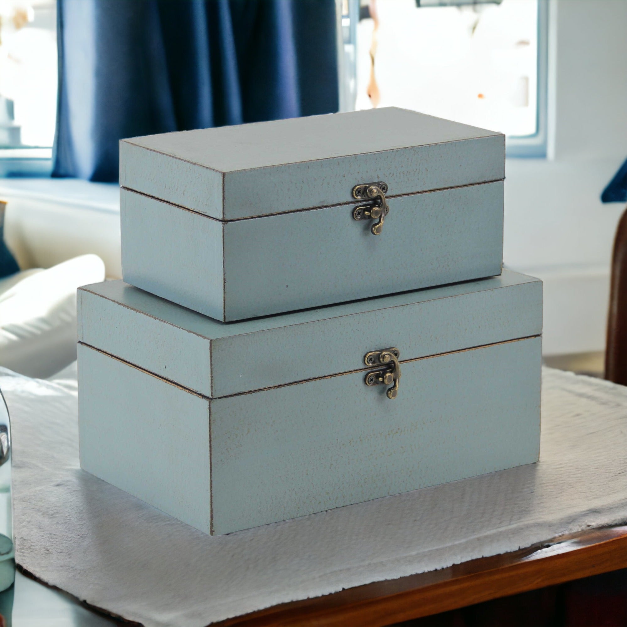 Set of Two Pale Blue Wooden Storage Boxes