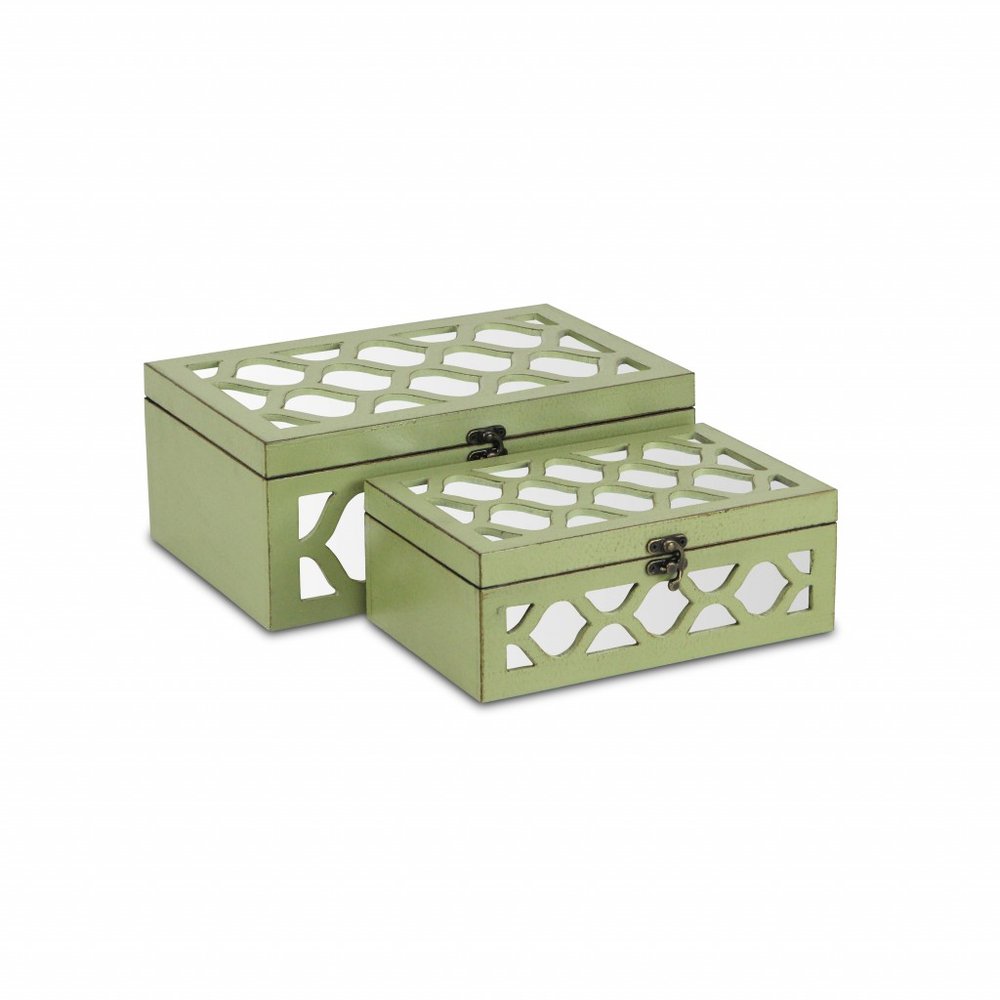 Set of Two Green Mirrored Glass And Solid Wood Box With Lid