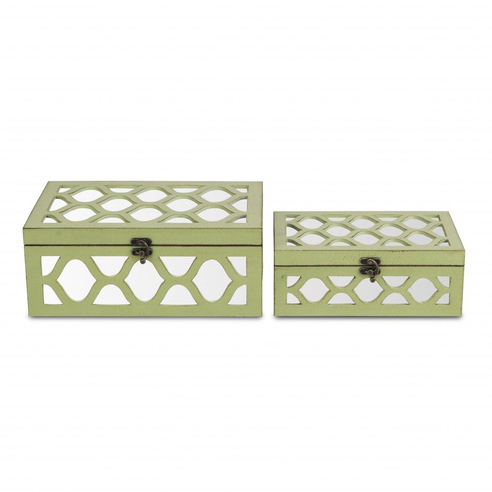 Set of Two Green Mirrored Glass And Solid Wood Box With Lid