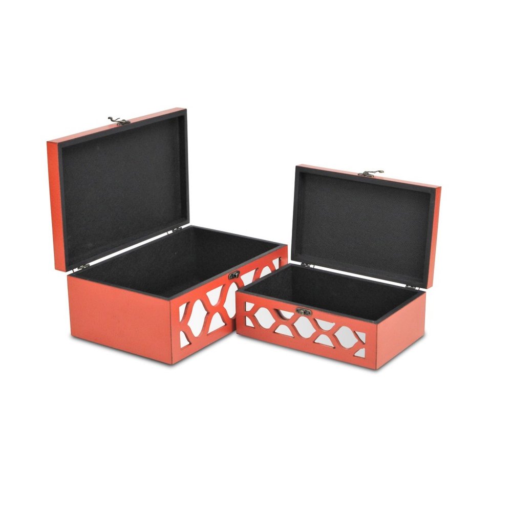 Set of Two Orange Mirrored Glass And Solid Wood Box With Lid