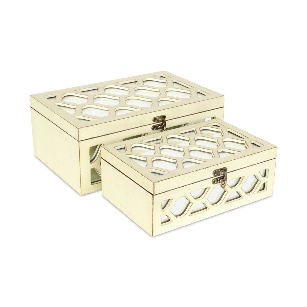 Set of Two White Mirrored Glass And Solid Wood Box With Lid