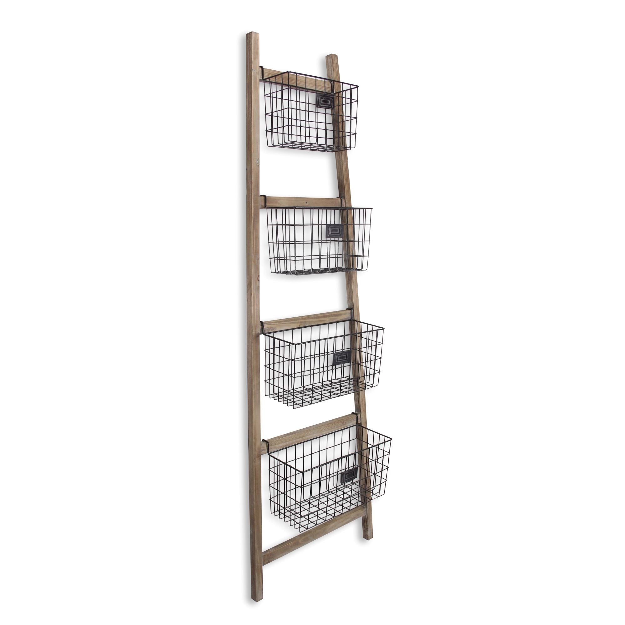 73" Natural And Black Wood And Metal Storage Ladder With Baskets