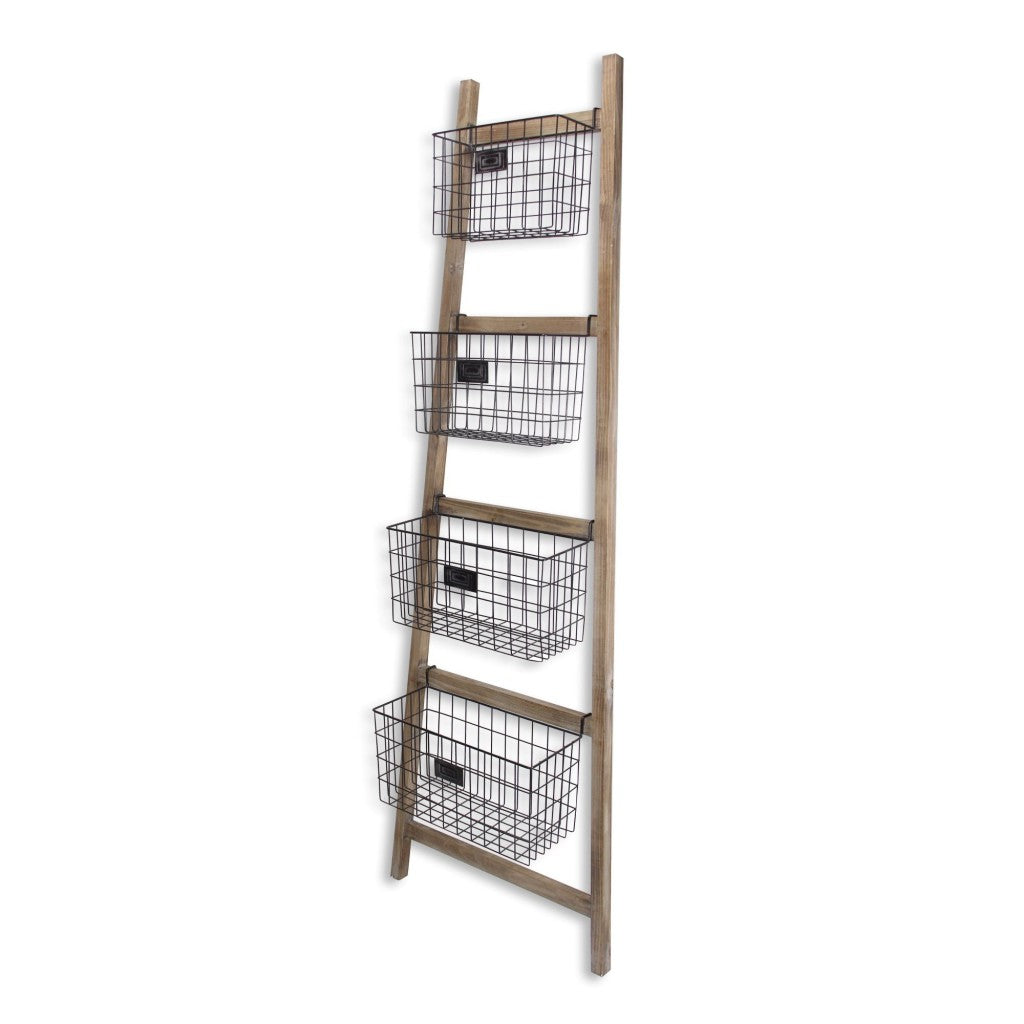 73" Natural And Black Wood And Metal Storage Ladder With Baskets