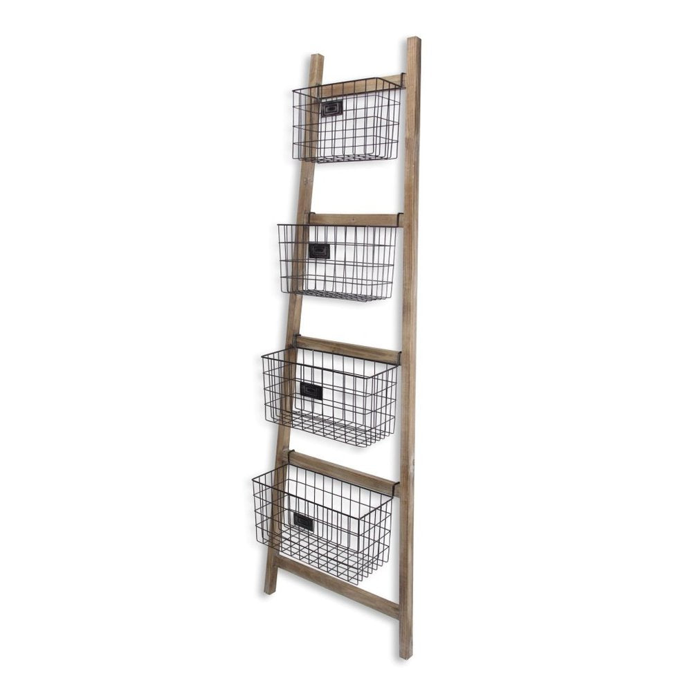73" Natural And Black Wood And Metal Storage Ladder With Baskets