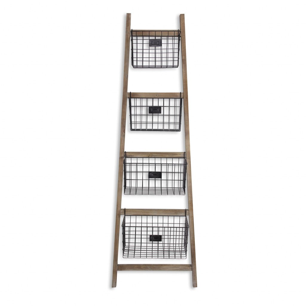 73" Natural And Black Wood And Metal Storage Ladder With Baskets