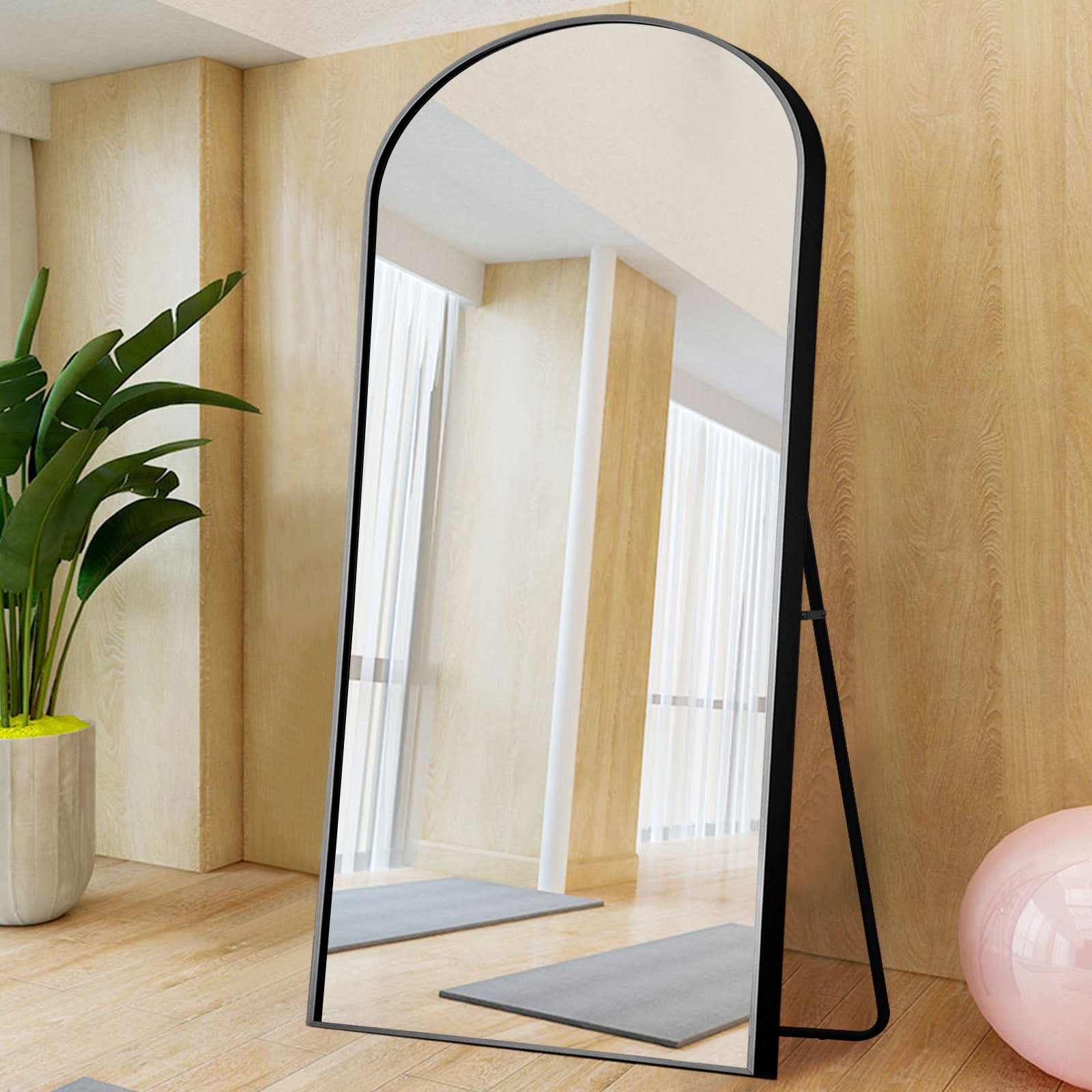 71" Black Arched Metal Narrow Frame Standing Mirror