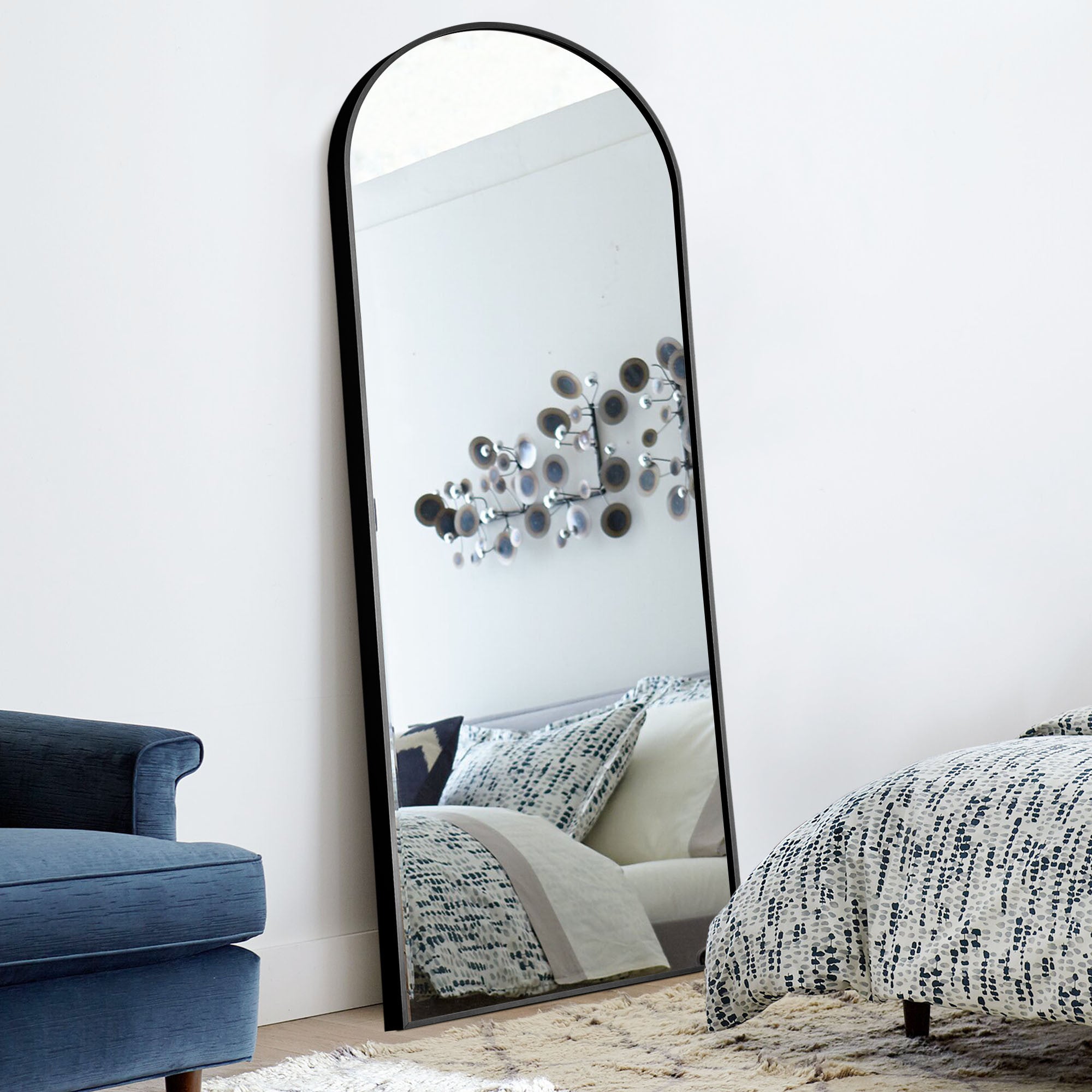 71" Black Arched Metal Narrow Frame Standing Mirror
