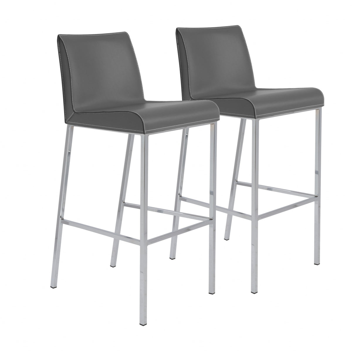 Set of Two 31" Gray And Silver Genuine Leather And Steel Low Back Bar Height Bar Chairs