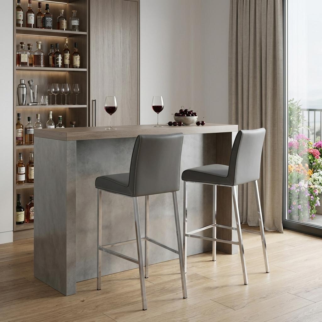 Set of Two 31" Gray And Silver Genuine Leather And Steel Low Back Bar Height Bar Chairs