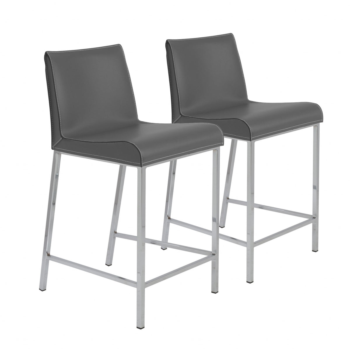 Set of Two 24" Gray And Silver Genuine Leather And Steel Low Back Counter Height Bar Chairs