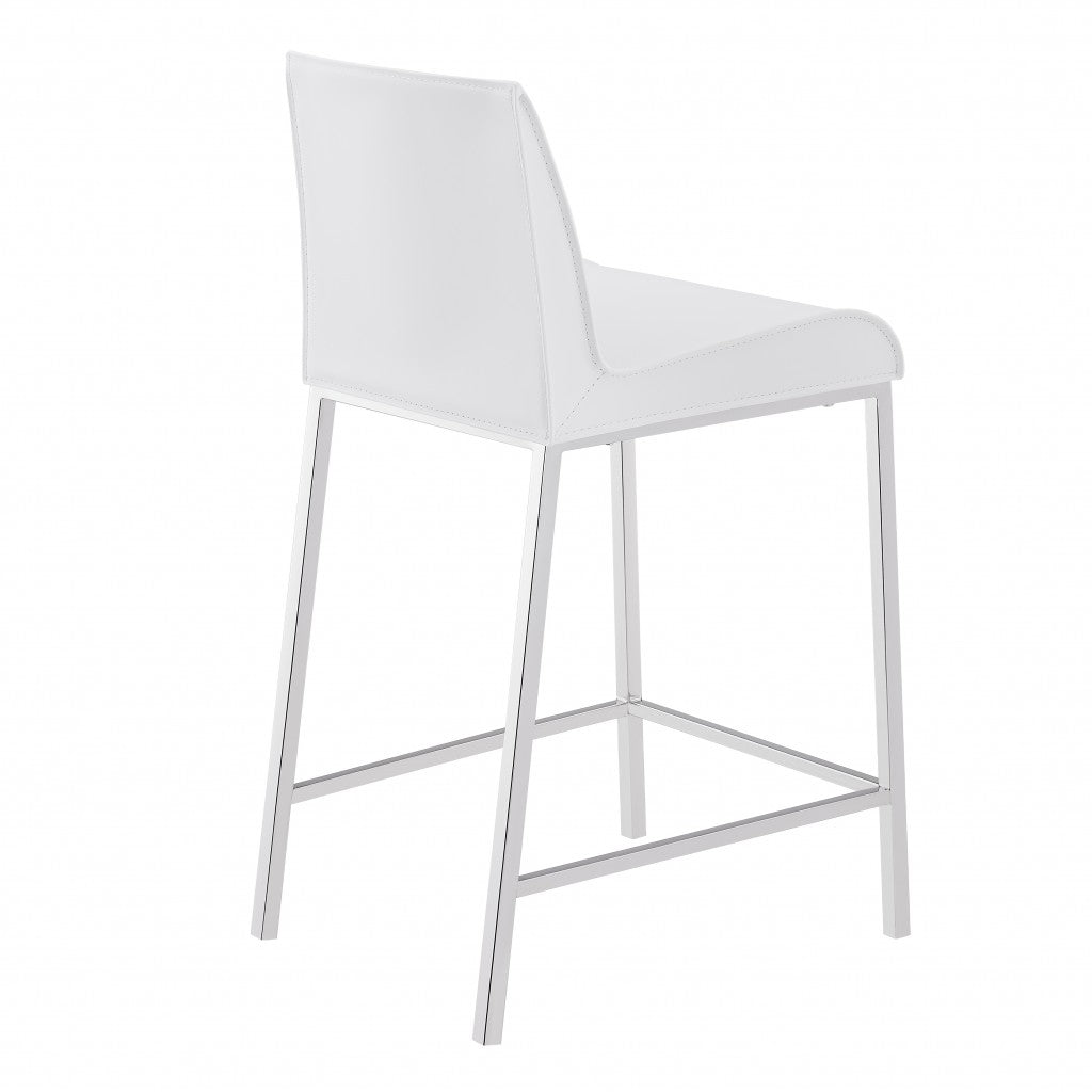 Set of Two 24" White And Silver Genuine Leather And Steel Low Back Counter Height Bar Chairs
