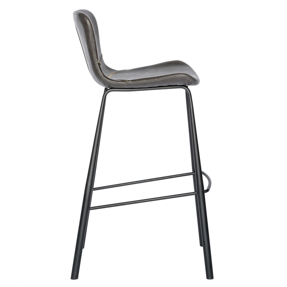 Set of Two 30" Gray And Black Faux Leather And Steel Low Back Bar Height Bar Chairs