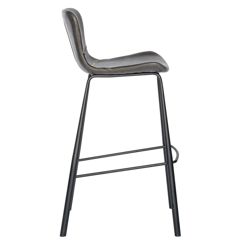 Set of Two 30" Gray And Black Faux Leather And Steel Low Back Bar Height Bar Chairs