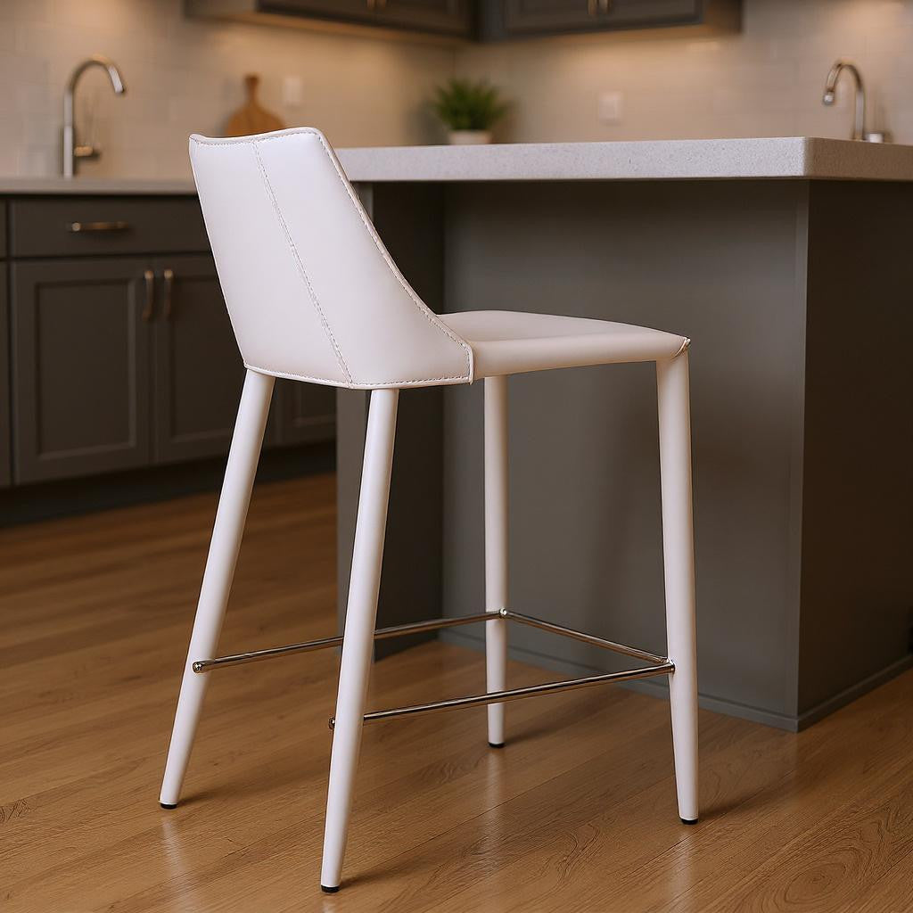 26" White Faux Leather And Steel Low Back Counter Height Bar Chair