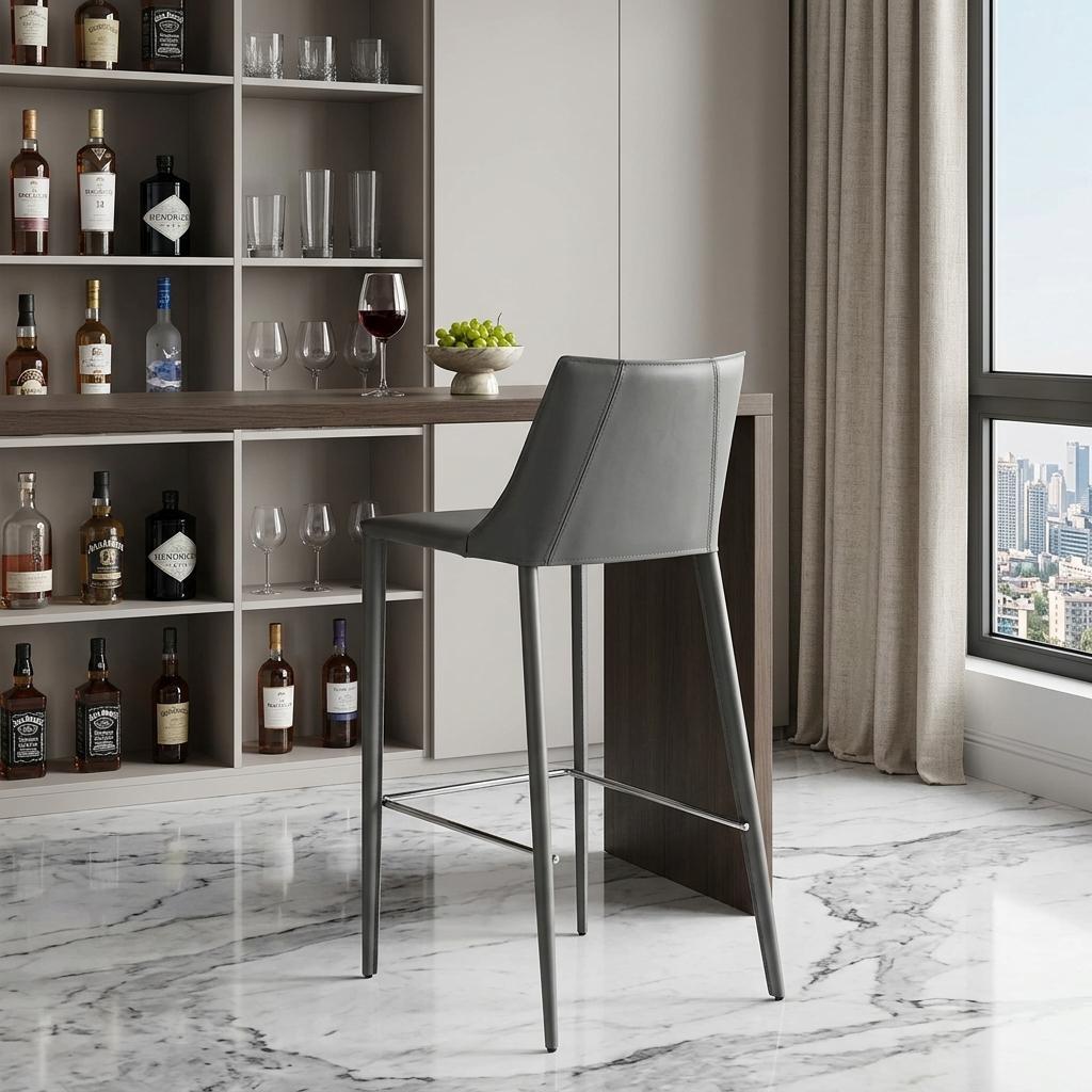 30" Gray Faux Leather And Steel Low Back Bar Height Bar Chair